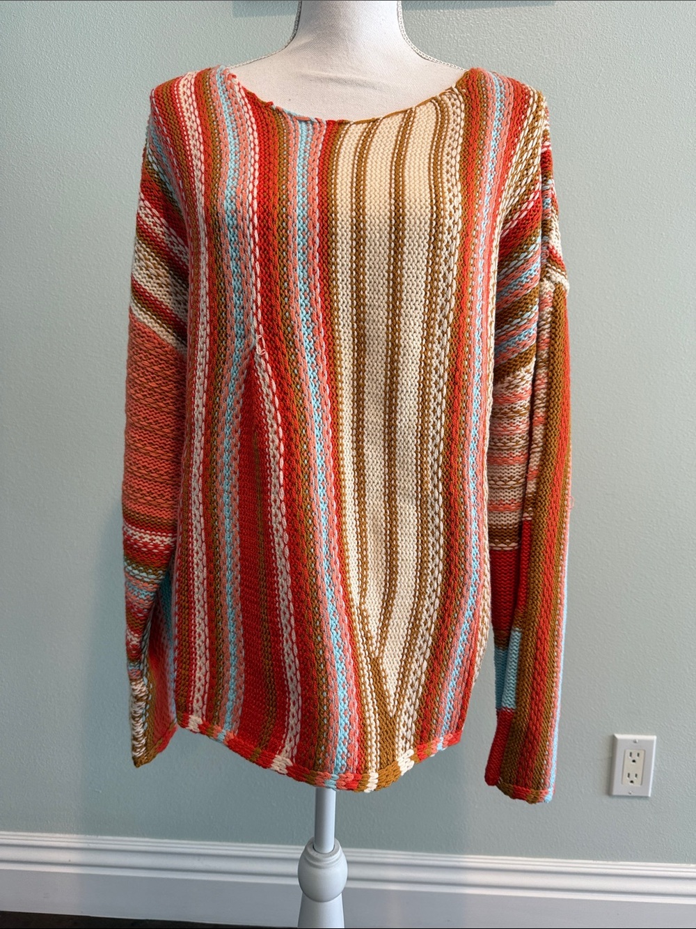 Striped Multi-Color Knit Sweater - Coral, Cream & Blue marked Large but PTP 25